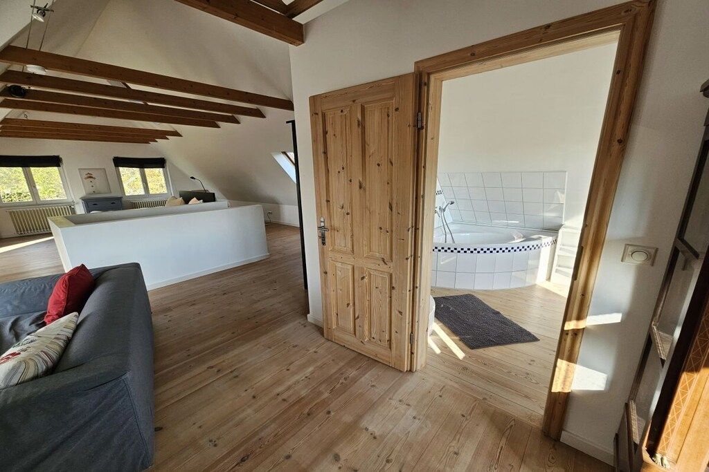 A room with a wooden ceiling, a grey sofa, a wooden door, and a view of a tiled area.