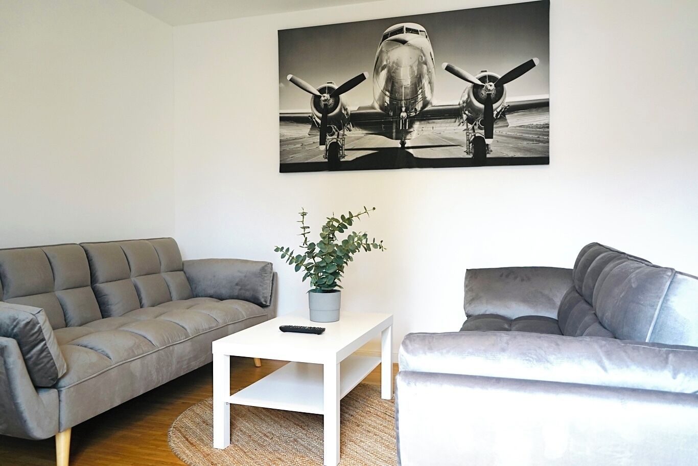 Ein Wohnzimmer mit einem grauen Sofa, einem weißen Couchtisch mit einer Pflanze und einem schwarz-weißen Gemälde von einem Flugzeug an der Wand.