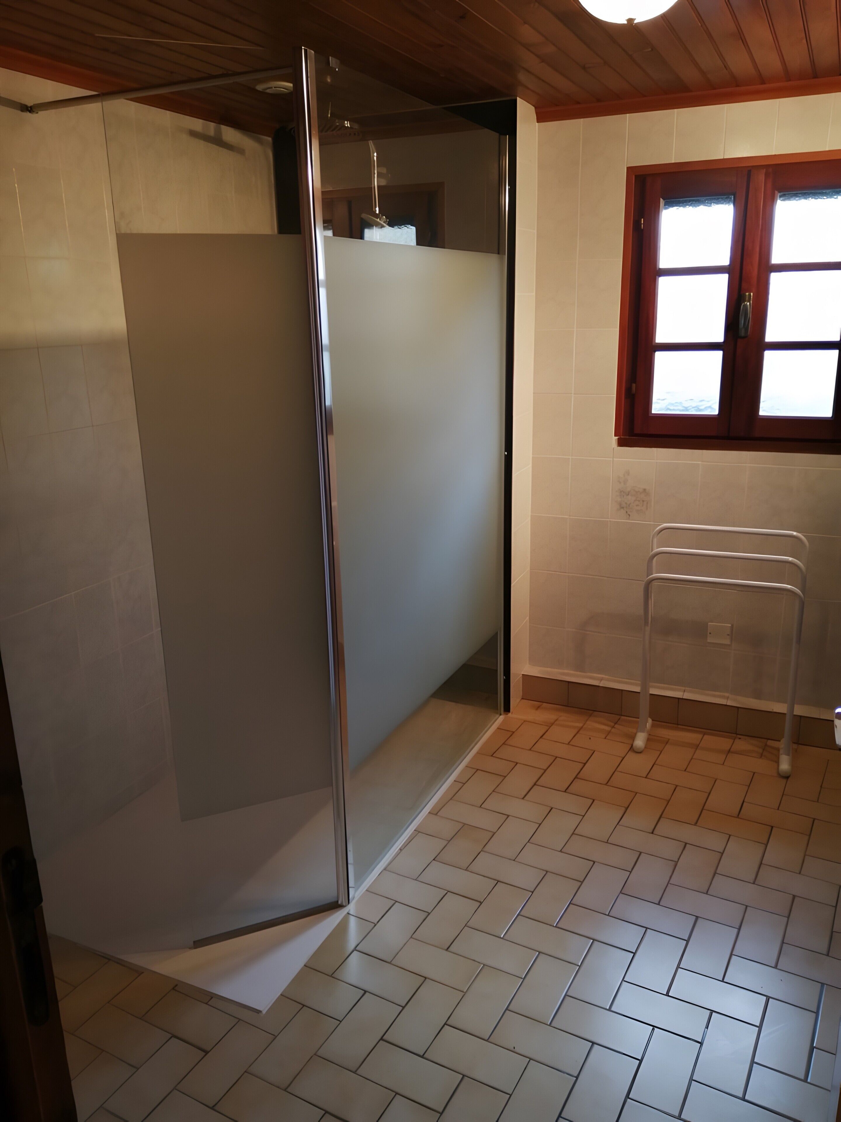 Ein Badezimmer mit Dusche, Fenster und Handtuchhalter.