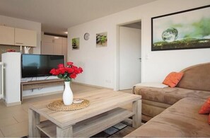 Ein Wohnzimmer mit Fernseher, Couch und Kissen sowie einem Couchtisch mit Blumenvase.
