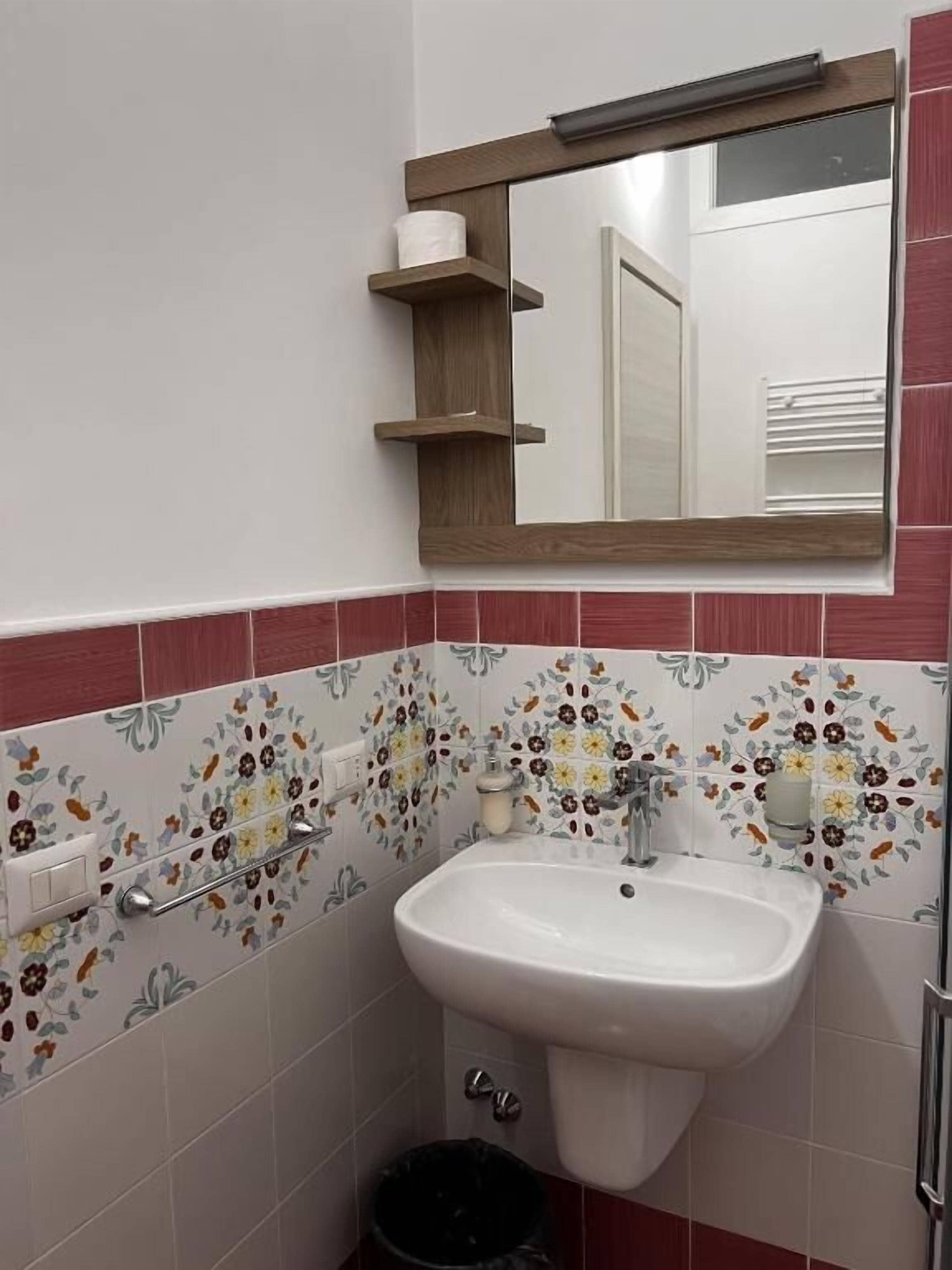 A bathroom with a white sink, a mirror, and a toilet paper holder on the wall.