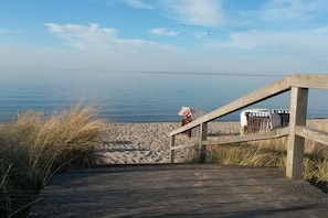Ein Holzsteg führt zu einem Strand mit sandigem Ufer und blauem Himmel.