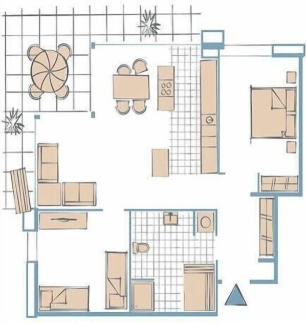 Un plan d’étage d’hôtel comprenant un espace repas, une cuisine et plusieurs chambres.