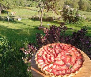 A strawberry tart on a wooden board in a garden with a fence and trees in the background. - Bed and Breakfast 'Chambre Turquoise' with Mountain View (Bagnols)