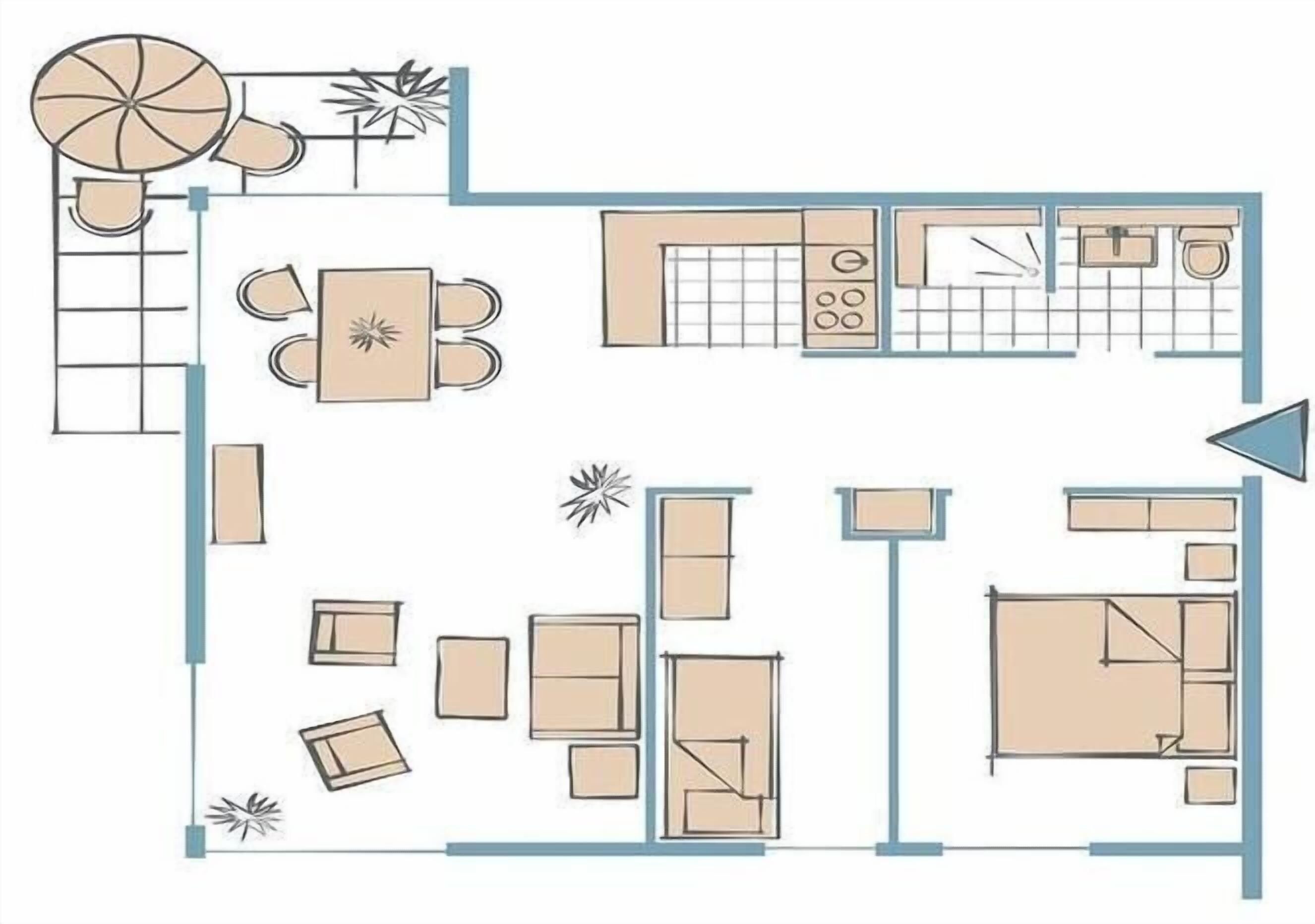 Indeling van een hotelkamer met een bed, nachtkastje, kledingkast en een badkamer met douche en toilet.