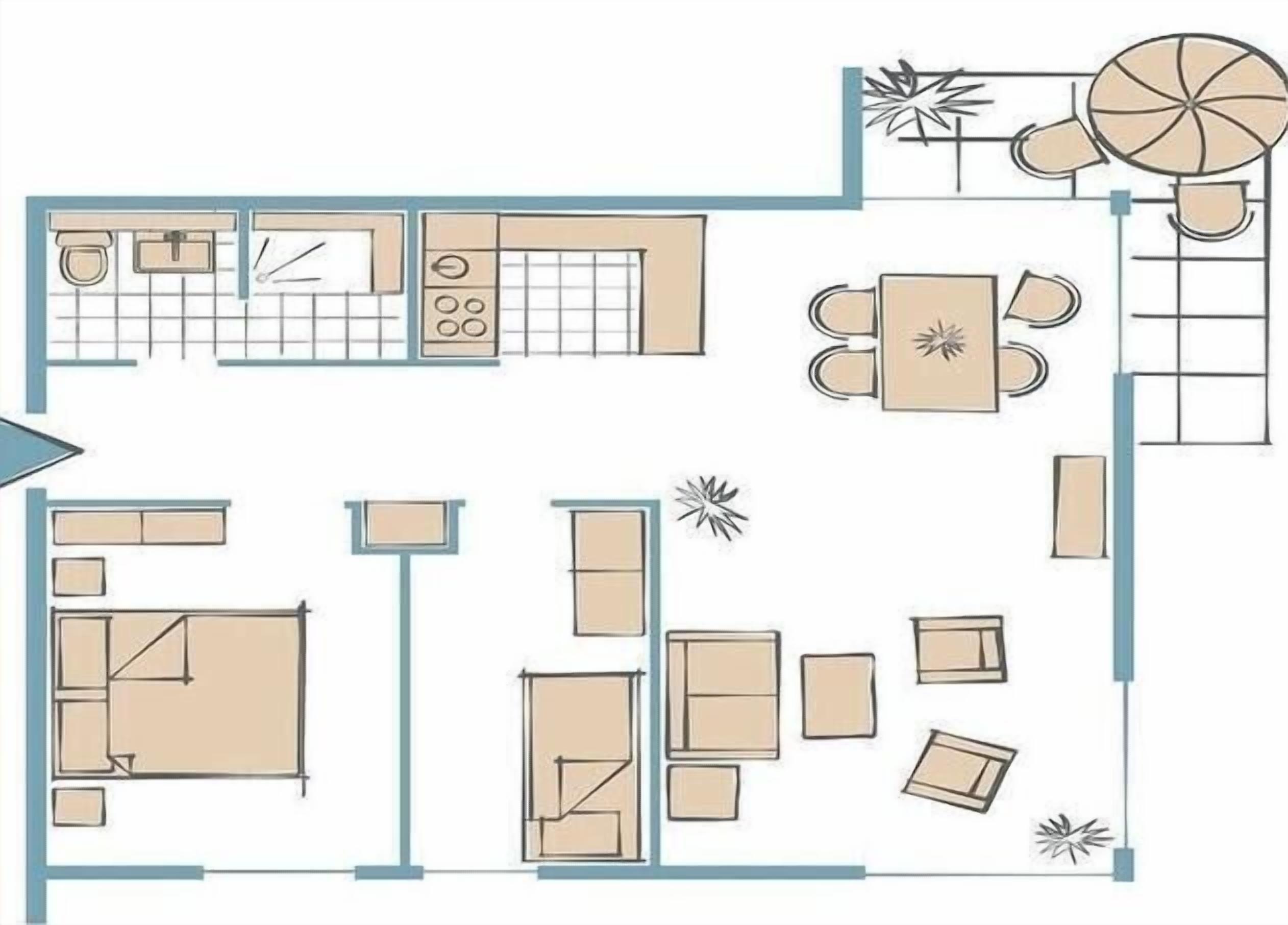 Een plattegrond van een hotelkamer met een kitchenette, een eethoek en een badkamer.