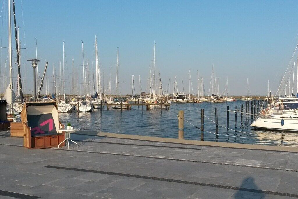 Un port de plaisance où sont amarrés de nombreux voiliers, un petit kiosque et un ciel dégagé.
