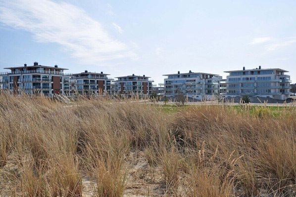 A row of modern multi-story buildings with a flat roof design, situated on a sandy terrain with dry grass in the foreground. - Holiday apartment with 2 bedrooms (Heiligenhafen)