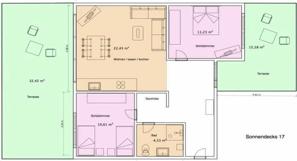 A floor plan of a hotel room with a terrace, bathroom, and a small garden area. - Holiday apartment in Norderney with Wi-Fi (Norderney)