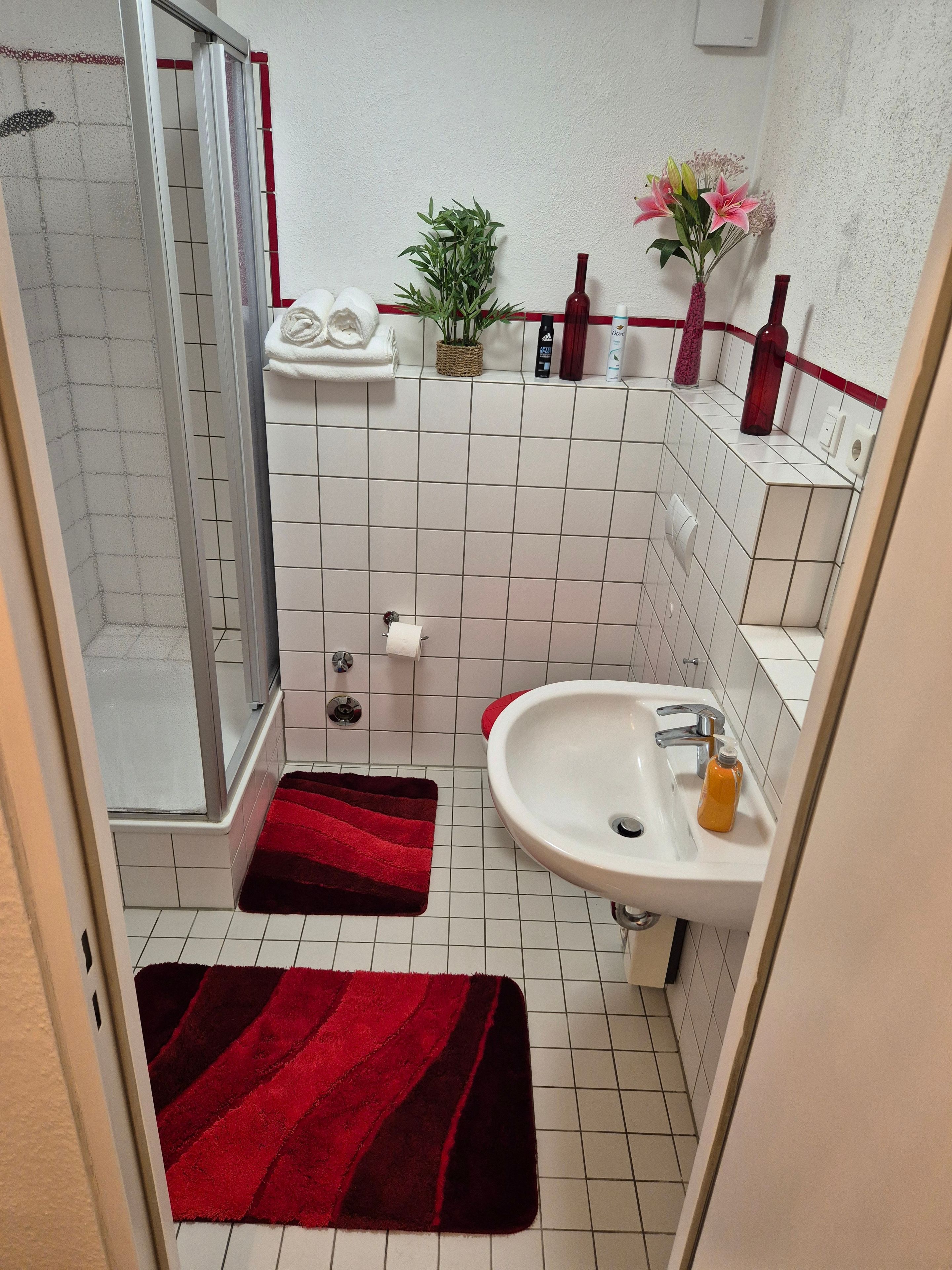 Ein Badezimmer mit Dusche, Waschbecken und zwei Handtüchern.
