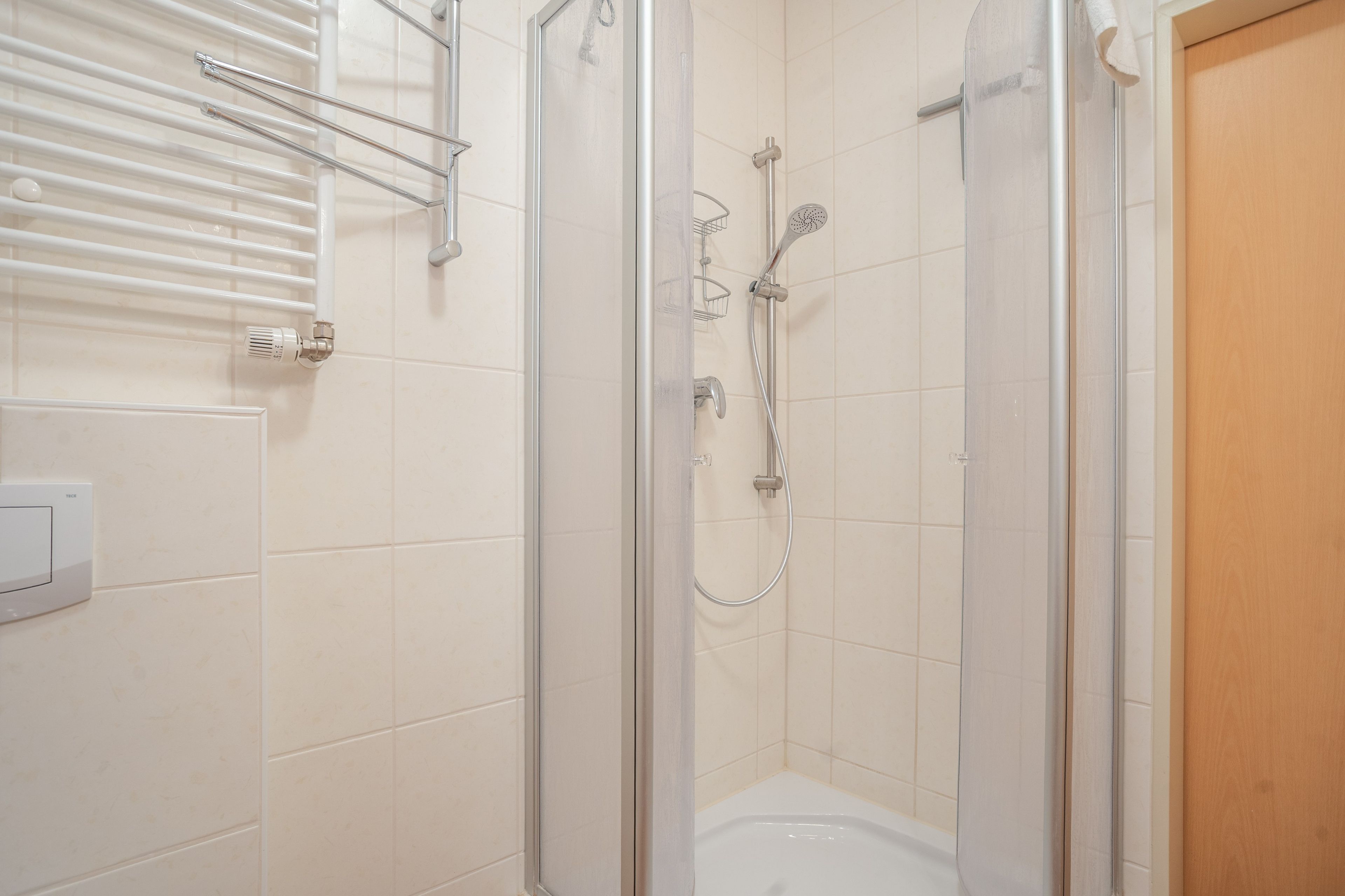 Eine Dusche mit Glastür, einer Handbrause und einem am Wand montierten Wasserhahn.