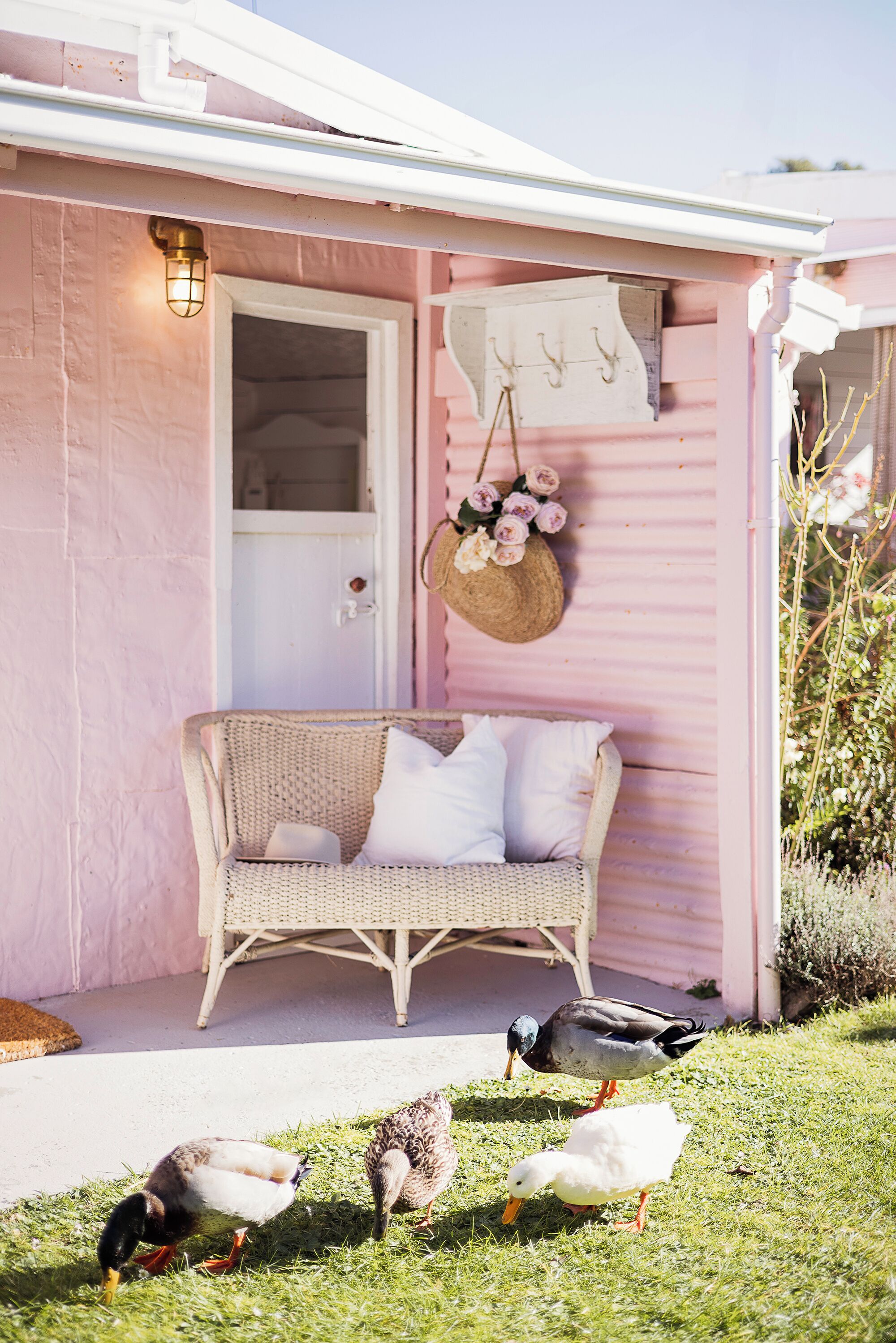 Ein rosa Haus mit einer Korbsitzbank, einer Tür und einem hängenden Blumenkorb.
