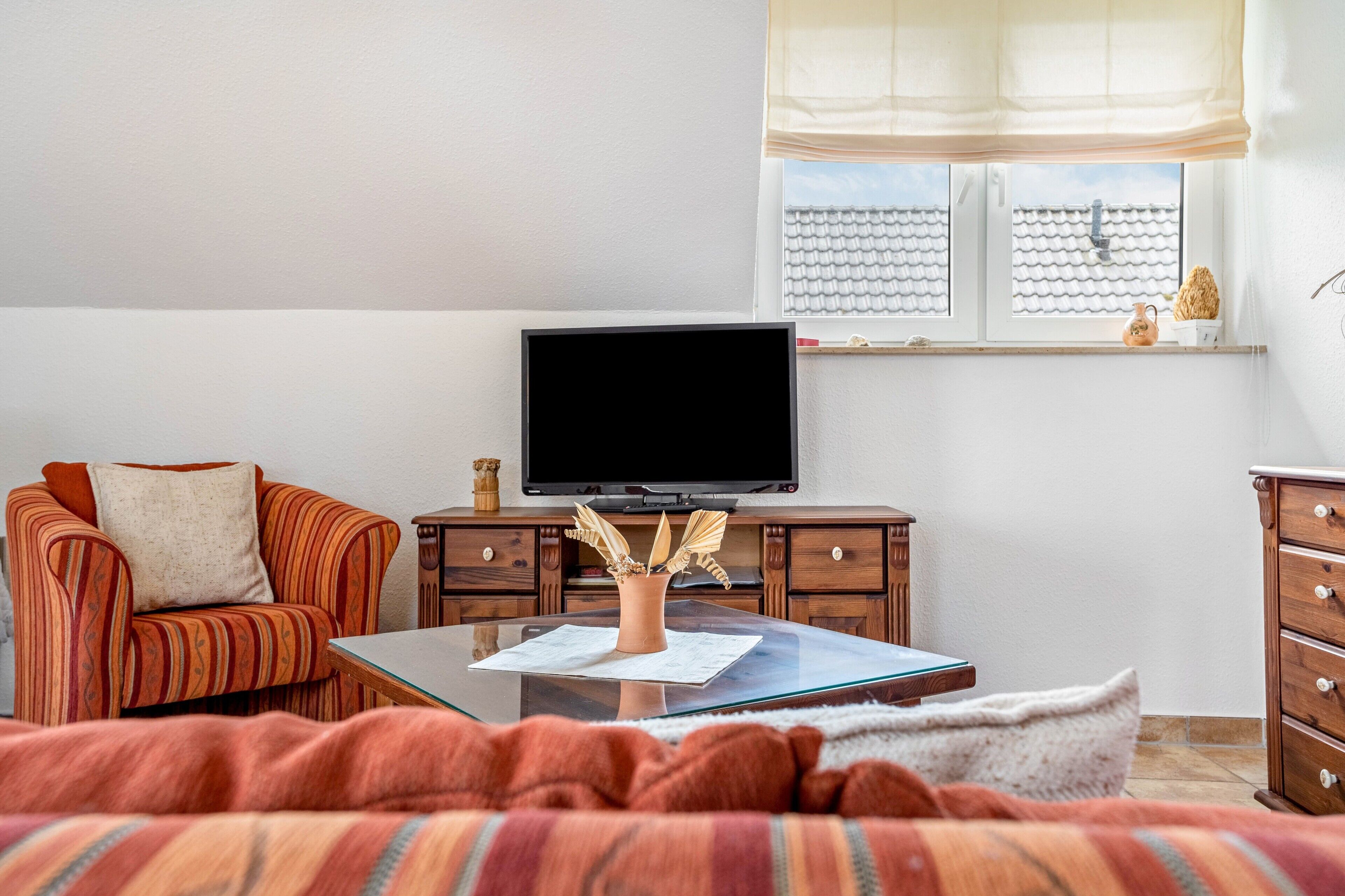 Ein gemütliches Wohnzimmer mit einem gestreiften Sofa, einem Flachbildfernseher, einem Couchtisch mit einer Vase und einem Fenster mit Blick auf ein Ziegeldach.