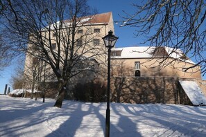 Ein Gebäude mit einem mit Schnee bedeckten Dach und kahl stehenden Bäumen im Vordergrund.