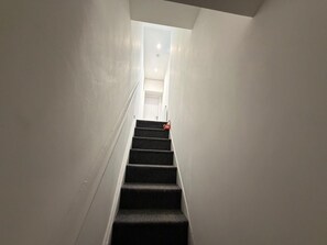 Una escalera estrecha alfombrada que lleva a una puerta arriba.