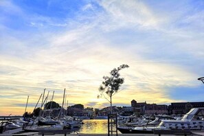 A marina with boats docked, a clear sky, and buildings in the background. - "PROVENCE" in the half-timbered house in Waren (Waren)