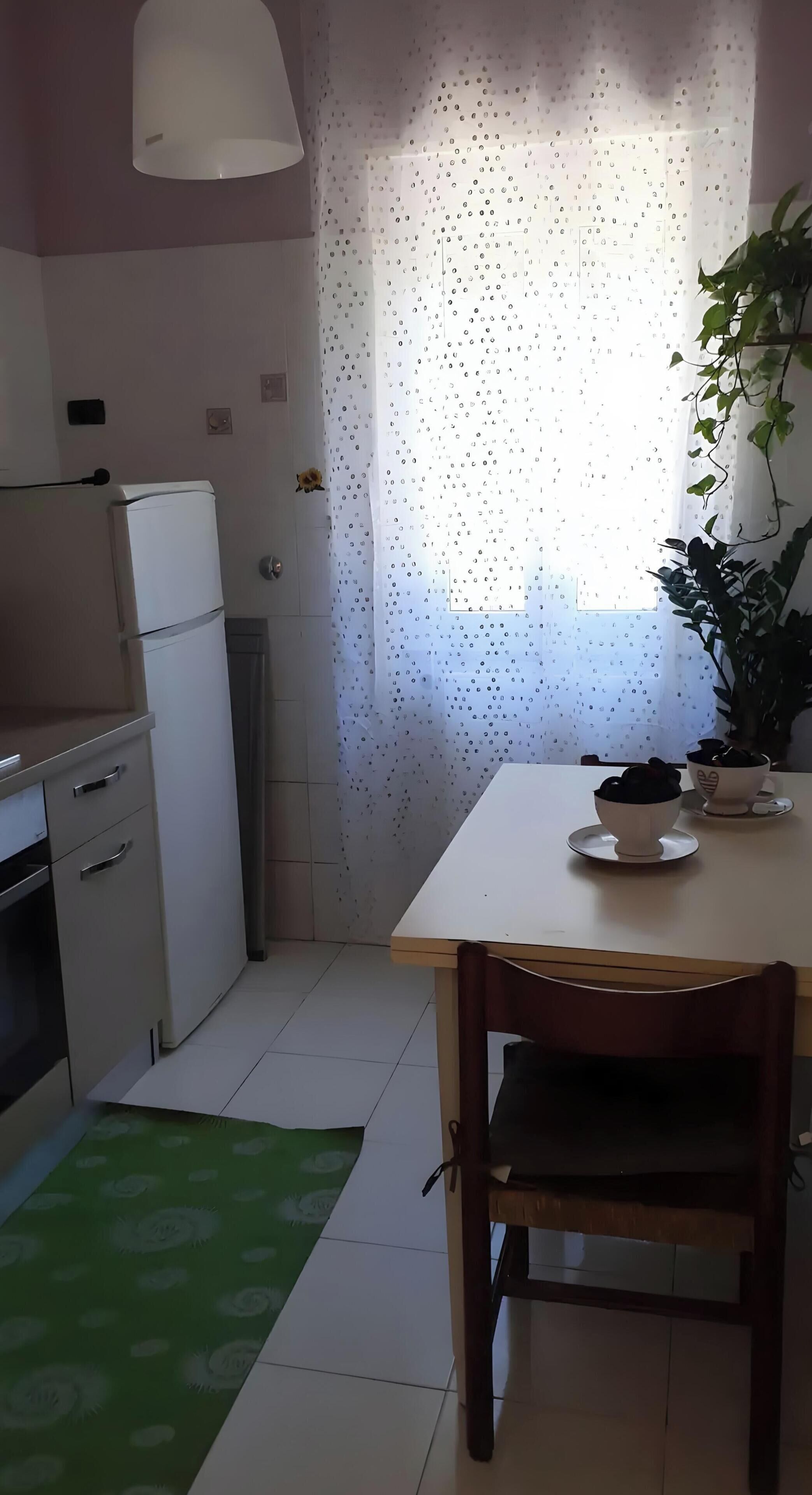 A kitchen with a refrigerator, a table with a bowl, and a potted plant.