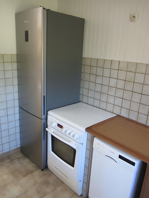A compact kitchen with a refrigerator, oven, and dishwasher.