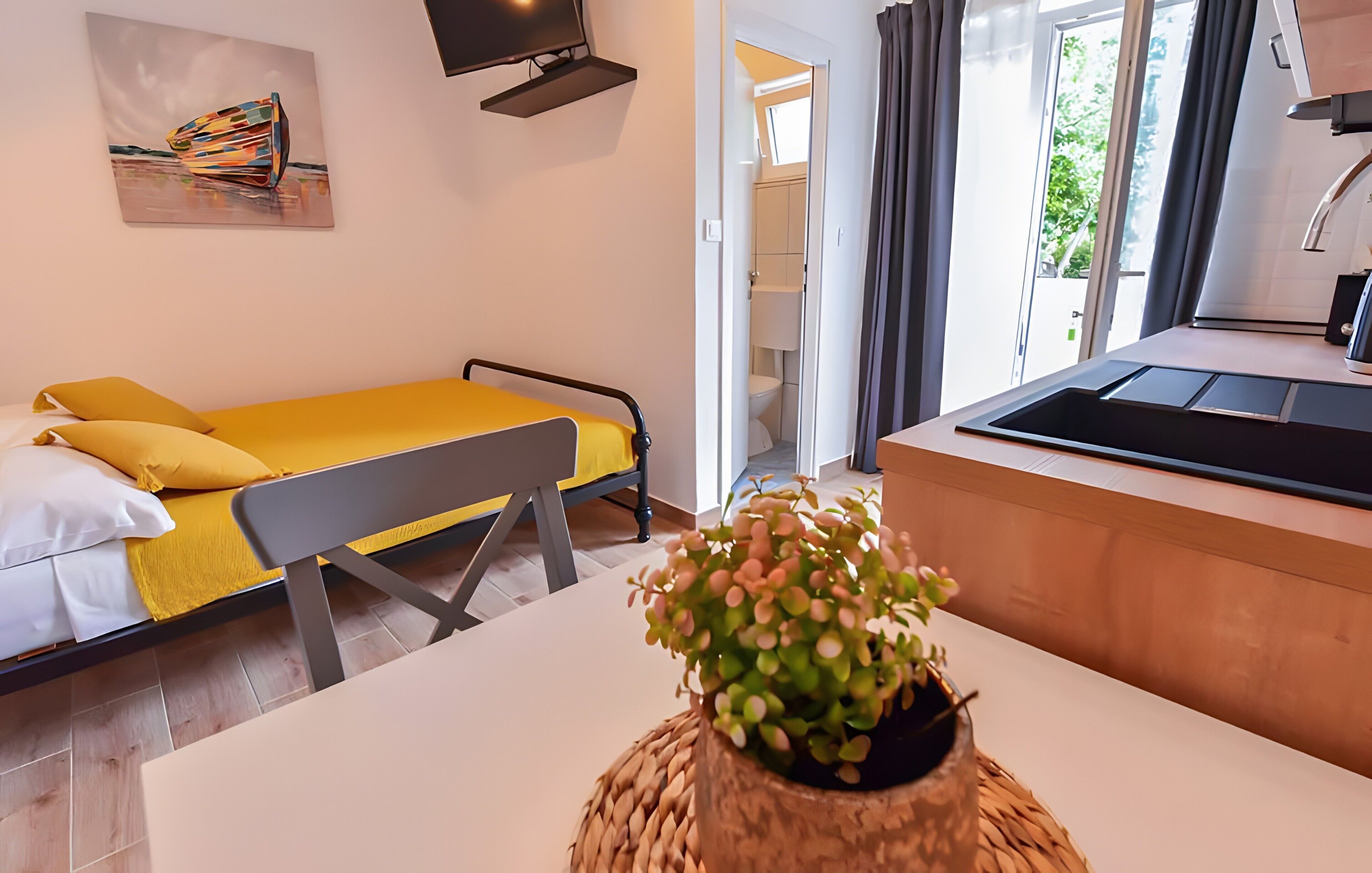 A modern hotel room with a bed, a small table, a plant, a TV, and a view of the outside.