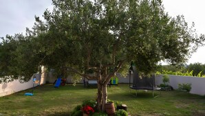 A backyard with a tree, a trampoline, and a play area.