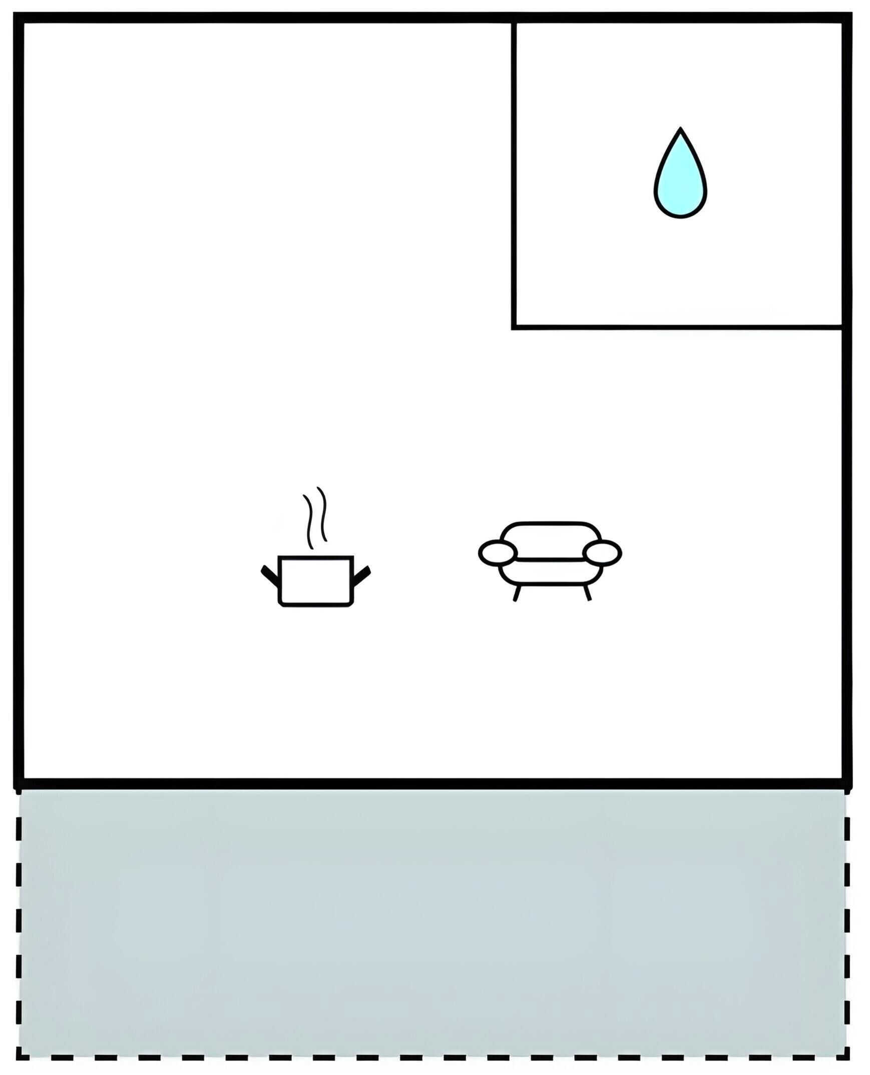 Ein schlichtes Zimmer mit einem Bett, einem kleinen Tisch und einem Wassertropfen-Symbol.