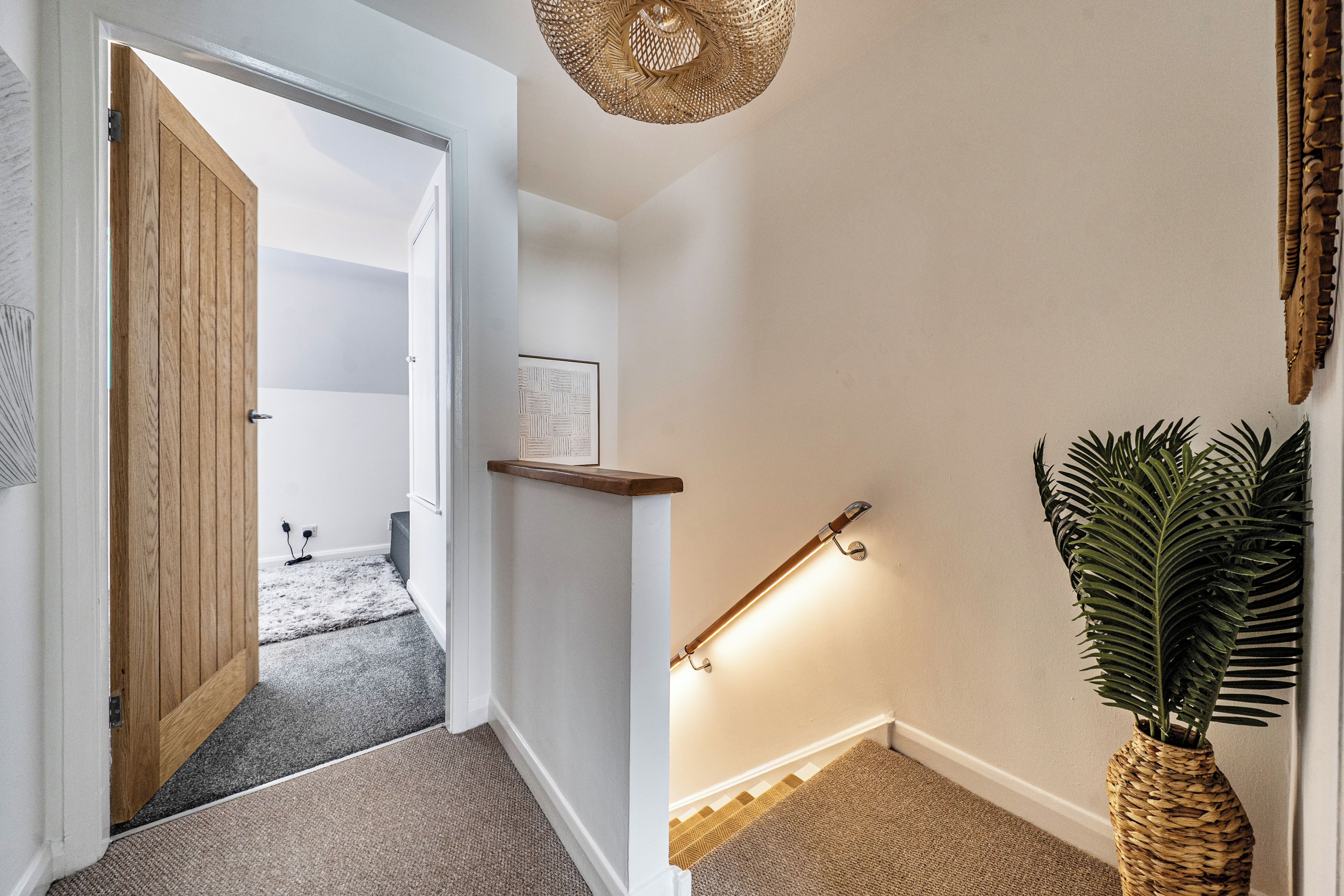 A hallway with a wooden door, a wall-mounted shelf, a framed picture, a floor lamp, and a potted plant.