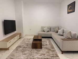 Un salon moderne avec un téléviseur à écran plat, un canapé avec des coussins, une table basse et un tapis à motifs.