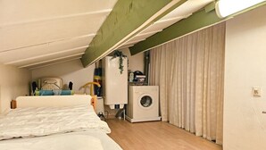 A compact room with a bed, a washing machine, and a small kitchenette area. - OK24 Holiday home with dog Oostkapelle (Oostkapelle)