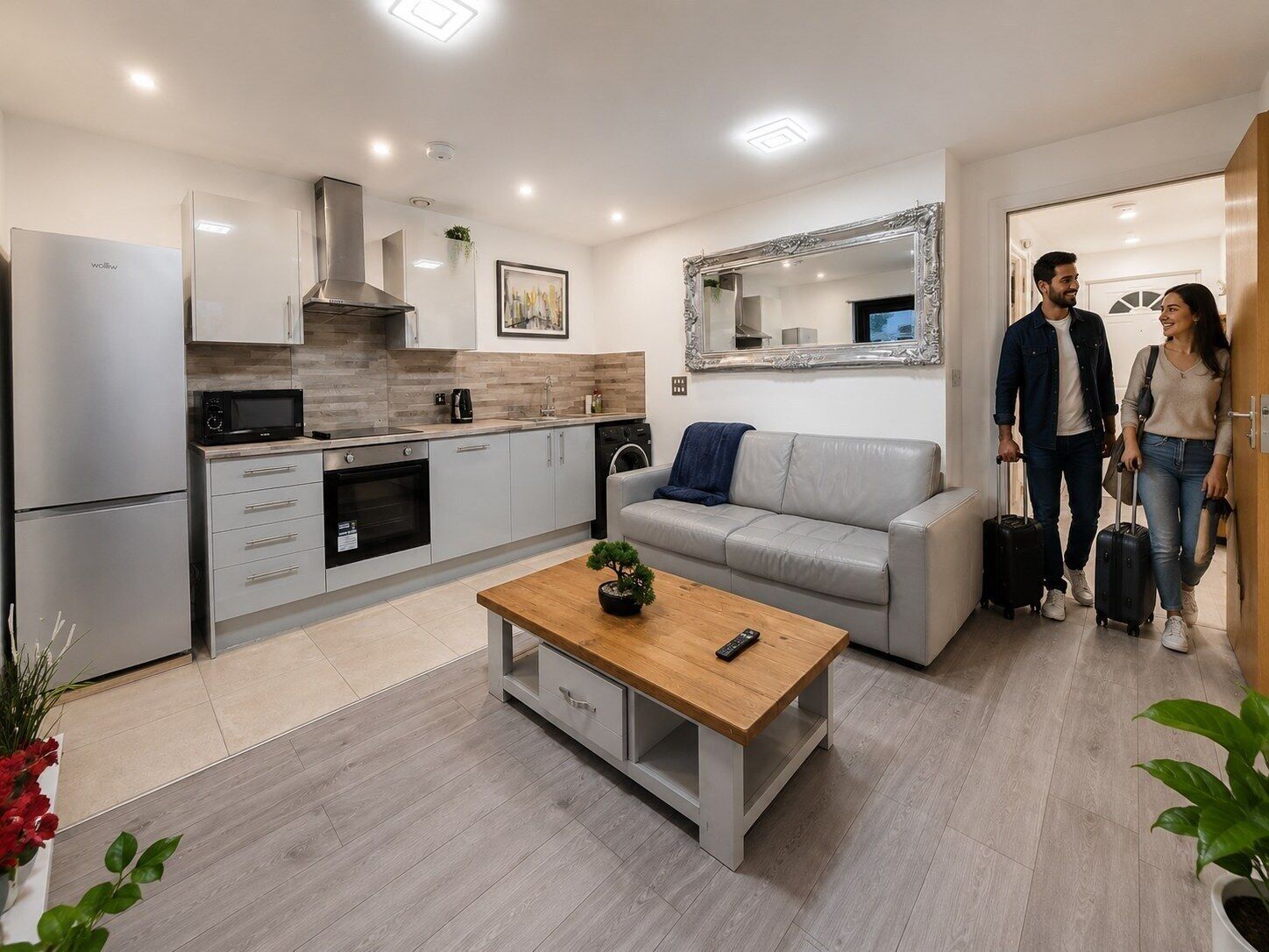 Una cocina moderna con electrodomésticos de acero inoxidable, un sofá gris y una mesa de centro de madera.