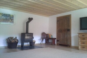 Una habitación con estufa de leña, puerta de madera, televisor y repisa de chimenea.