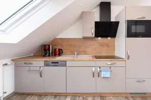 A modern kitchen with a skylight, built-in oven, and a dishwasher. - Holiday apartments "Seagull 3" (Esens-Bensersiel)