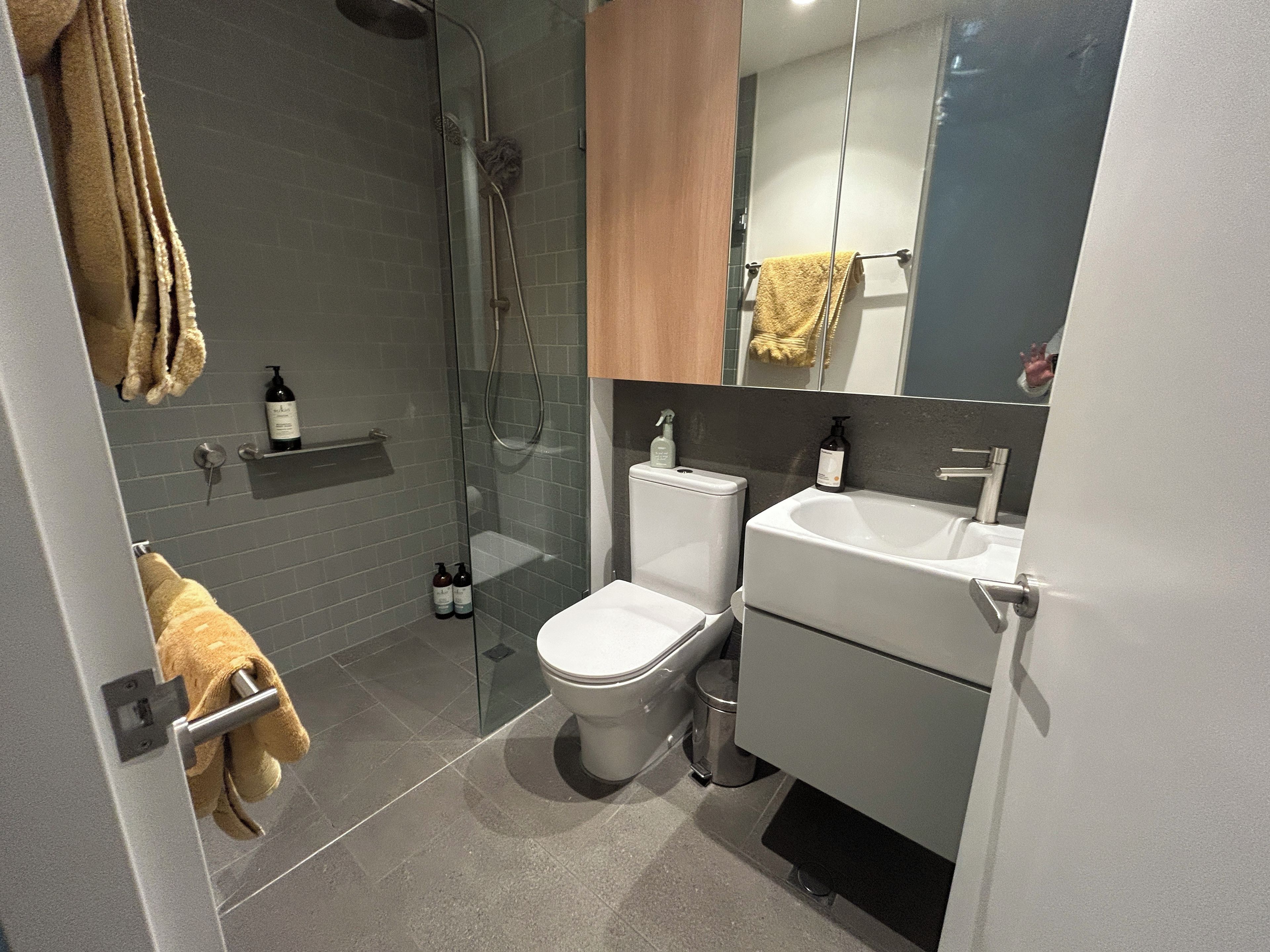 A modern bathroom with a glass-enclosed shower, a toilet, and a sink.