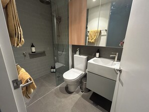 Un baño moderno con ducha envuelta en vidrio, inodoro y lavabo.