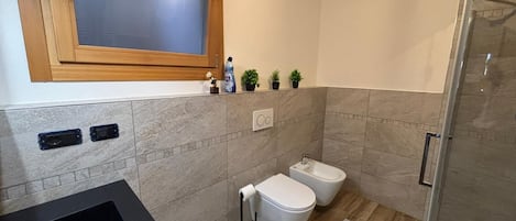 Un baño moderno con ducha, inodoro y bidé.