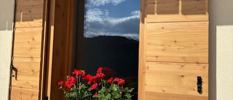 Una ventana con contraventanas de madera, vista al cielo y una maceta con flores rojas.