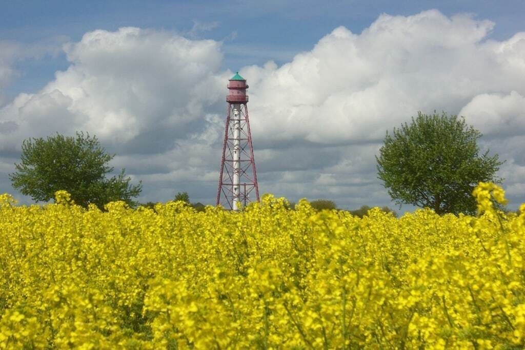 Une tour se dresse au milieu d’un champ de fleurs jaunes, sous un ciel partiellement nuageux.