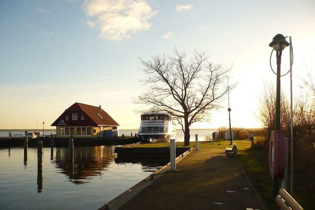 Imóvel à beira-mar com casa, barco e árvore junto à água.