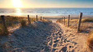 Un sentiero sabbioso con una recinzione in legno che conduce all'oceano.