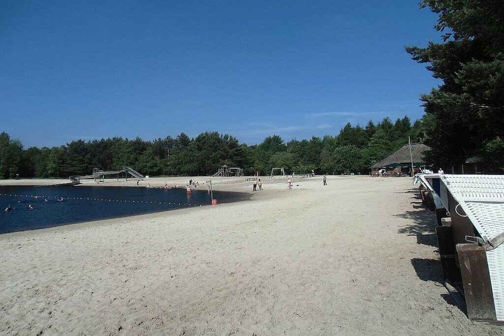 Une plage avec un ciel dégagé, un rivage sablonneux et une rangée de cabanes de plage.