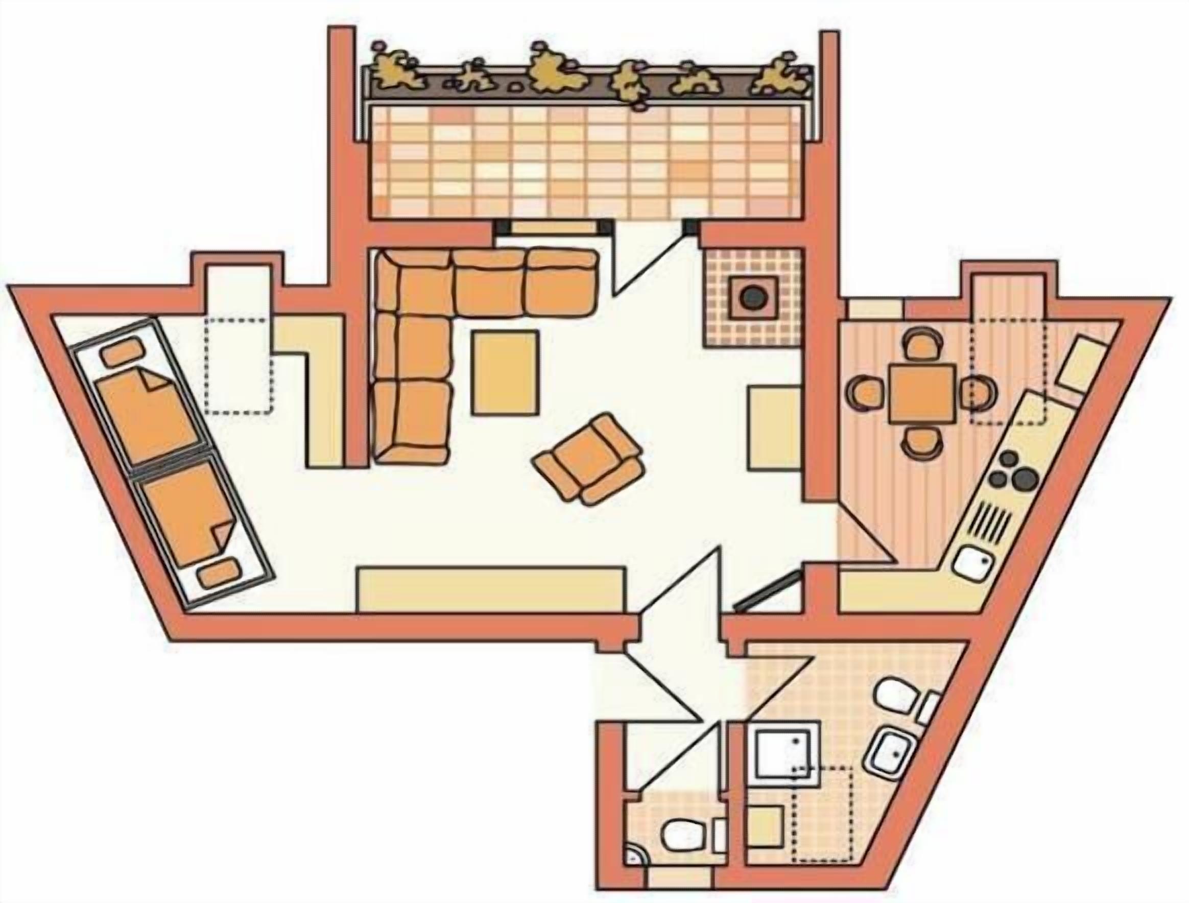 Un plan d’étage d’hôtel comprenant une piscine, plusieurs chambres, un espace repas et une cuisine.