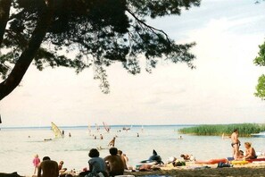A beach scene with people swimming and sunbathing, a sailboat, and a tree in the foreground. - in the holiday village "Boeker Mühle" (Boeker Mühle)