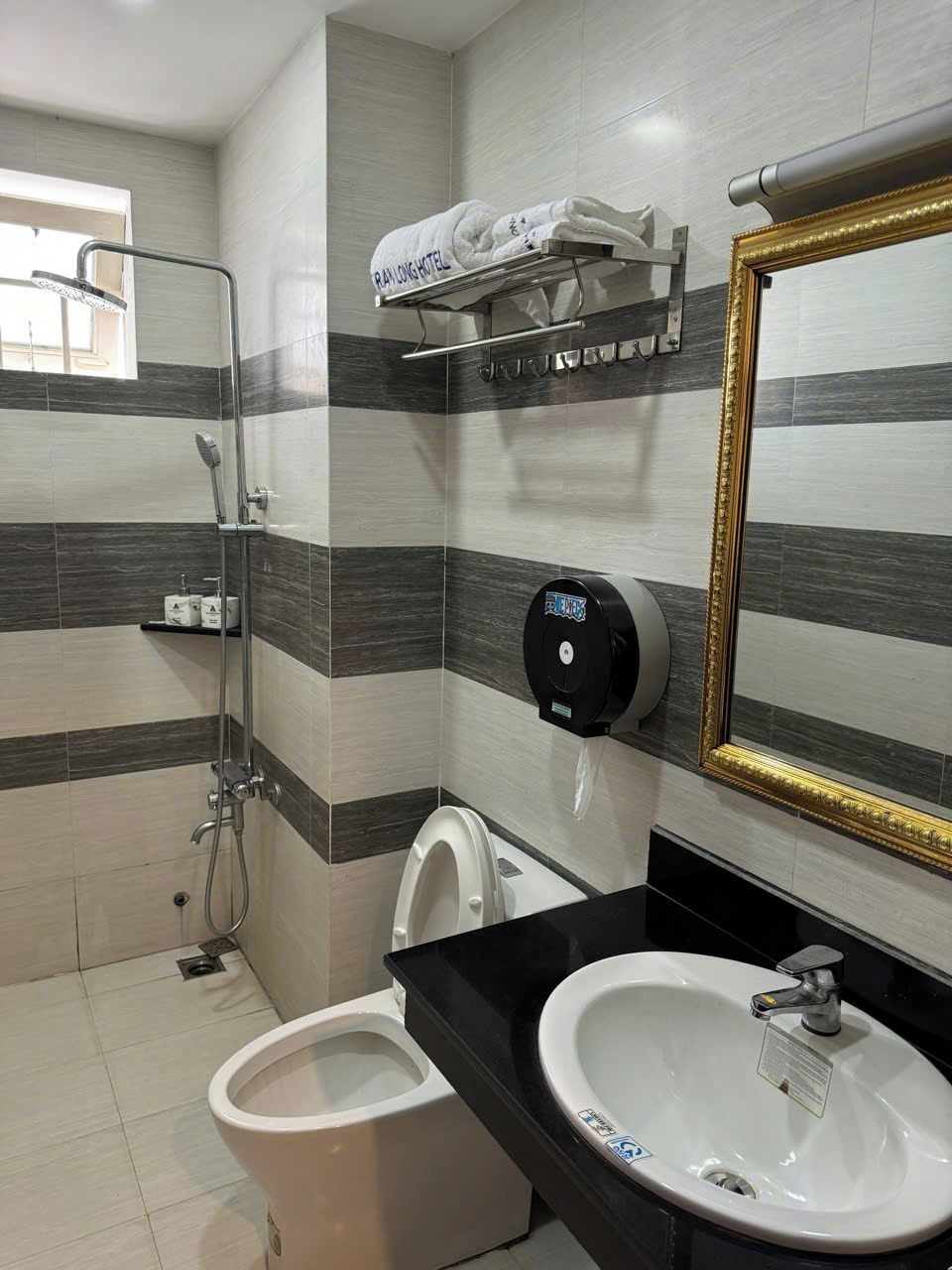 Une salle de bain moderne équipée de toilettes, d’un bidet, d’un lavabo, d’un distributeur de serviettes et d’un miroir avec un cadre doré.