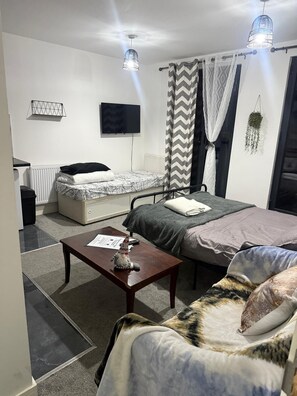 Quarto com cama, sofá, mesa pequena, televisão e radiador.