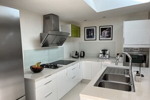 A modern kitchen with stainless steel appliances, a gas stove, a sink, and a coffee maker. - Holiday home with 3 bedrooms (Carpentras)