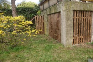 Un jardin avec une clôture en bois, un arbre et des arbustes aux fleurs jaunes.
