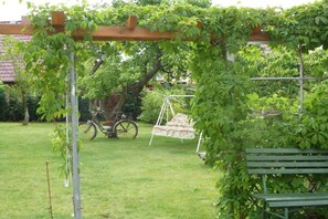 A garden with a swing, a bench, and a bicycle. - Holiday home with 2 bedrooms (Waren\/Müritz)