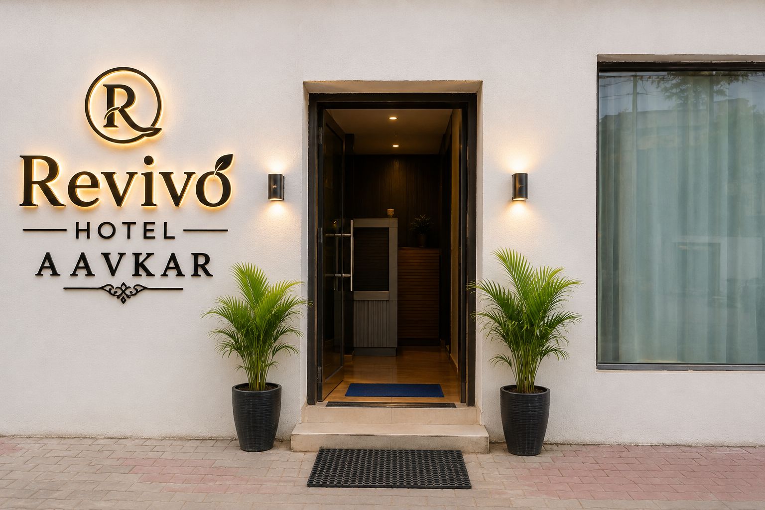 Het uiterlijk van Revivo Hotel Aavkar, met een moderne entree, twee potplanten en een groot raam.