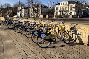 Eine Reihe Fahrräder steht an einem befestigten Weg entlang, begleitet von einer Steinsäule.