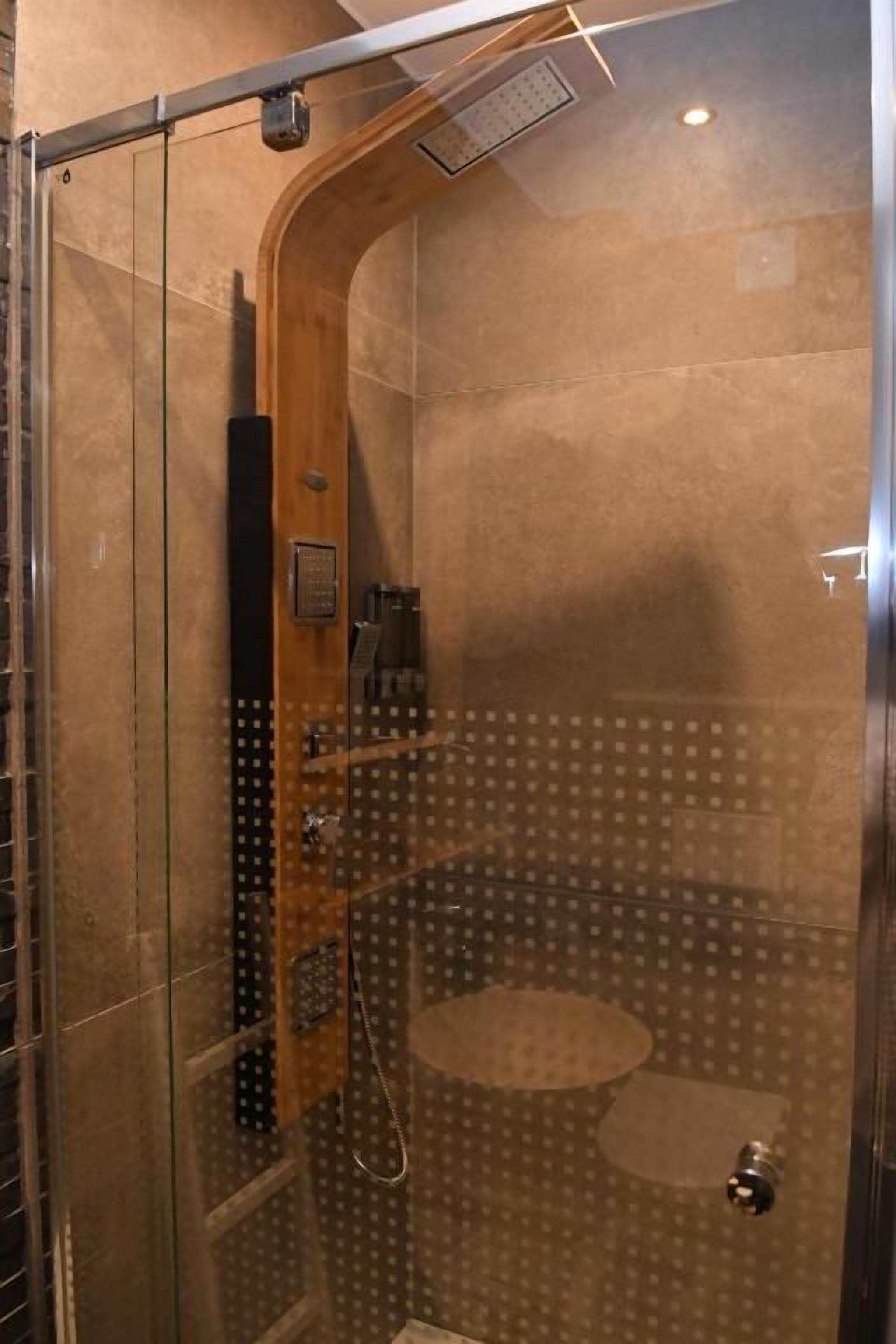 Ducha con cerramiento de vidrio, puerta de madera, cabezal de ducha de mano y panel de control.