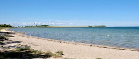 A beach with clear skies, calm water, and a distant landmass.